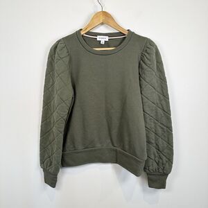 Evereve Sweatshirt Womens Small Green Quilted Puff Sleeve Pullover Classic